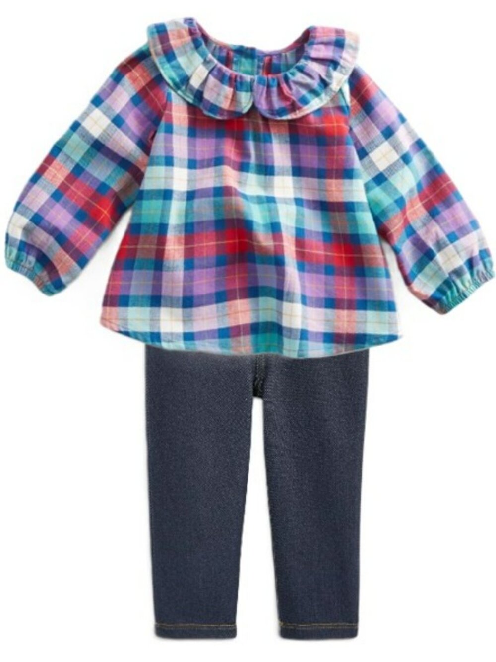 NWT. FIRST IMPRESSIONS Baby Girls Jewel Tones Plaid Top & Denim Pants Set